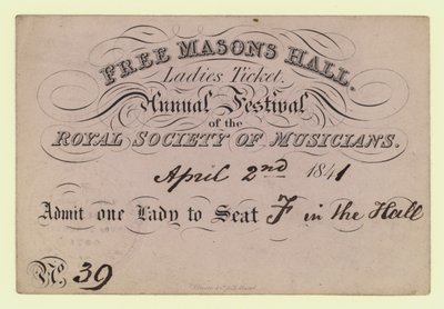 Sala dei Massoni, Biglietto per Signore, Festival Annuale, Royal Society of Musicians, 2 aprile 1841 da English School