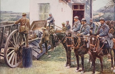 Lancieri francesi che arrivano a un avamposto del villaggio, in aiuto delle forze britanniche, 1914-19 da English School