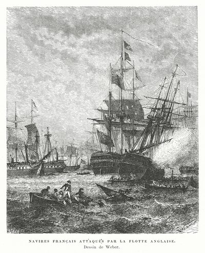 Navi da guerra francesi attaccate da una flotta britannica da English School