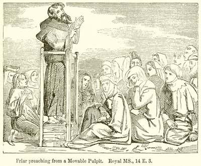 Frate che predica da un pulpito mobile. Royal MS., 14 E. 3 da English School