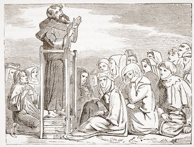 Frate che predica da un pulpito mobile, illustrazione da La storia del protestantesimo di James Aitken Wylie (1808-1890), pub. 1878 da English School