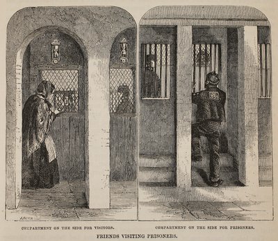 Amici che visitano i prigionieri, illustrazione da Le Prigioni Criminali di Londra e Scene dalla Vita Carceraria di Henry Mayhew e John Binny, pub. 1862 da English School
