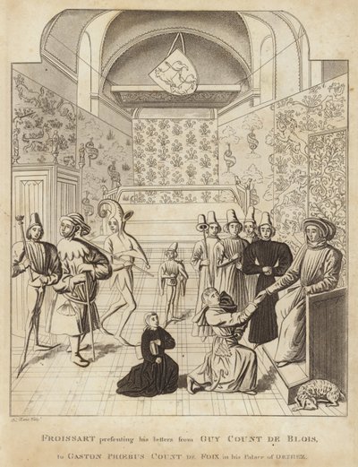 Froissart presenta le sue lettere da Guy Court de Blois a Gaston Phoebus, conte di Foix, nel suo palazzo di Orthez da English School