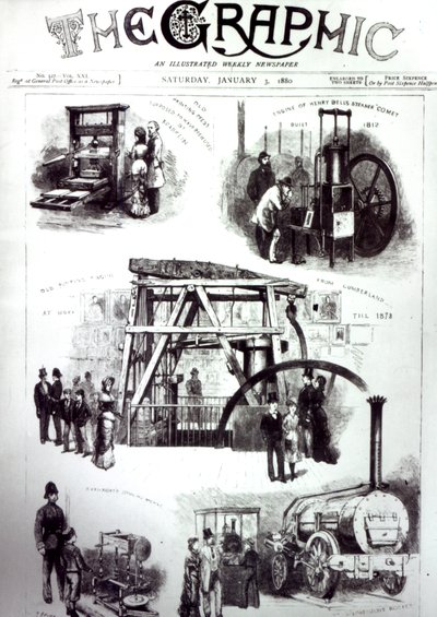 Copertina di The Graphic che mostra importanti invenzioni, 3 gennaio 1880 da English School