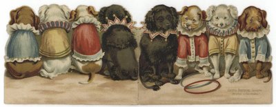 Copertina anteriore e posteriore di un biglietto raffigurante cani in costumi da circo da English School