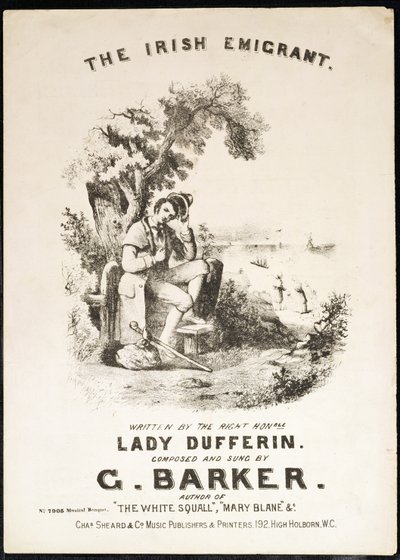 Copertina della partitura musicale per The Irish Immigrant, scritta da Lady Dufferin, composta da G. Barker da English School