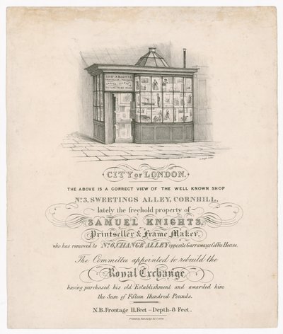 Fronte del n. 3, Sweetings Alley, Cornhill, recentemente proprietà di Samuel Knights, venditore di stampe e fabbricante di cornici da English School
