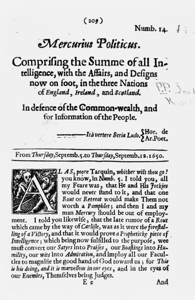 Prima pagina, da Mercurius Politicus, in difesa del Commonwealth e per l