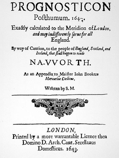 Prima pagina di Prognosticon, pubblicato nel 1643 da English School