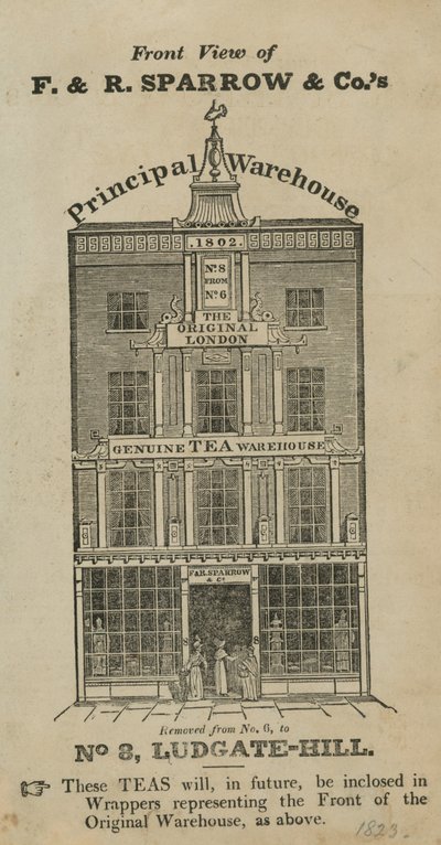 Veduta frontale del magazzino Fred & Robert Sparrow & Co a Ludgate Hill da English School