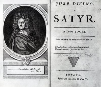 Frontespizio e pagina del titolo per Jure Divino: A Satyr di Daniel Defoe, pubblicato nel 1706 da English School