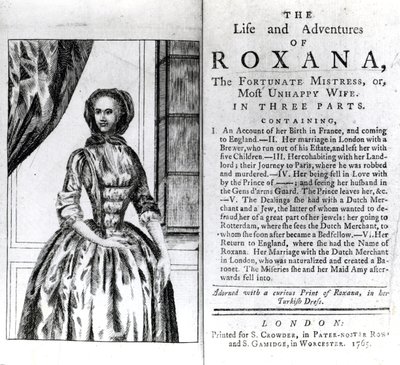 Frontespizio e pagina del titolo per La vita e le avventure di Roxana di Daniel Defoe, pubblicato nel 1765 da English School