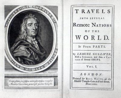 Frontespizio e pagina del titolo di I viaggi di Gulliver di Jonathan Swift, 1726 da English School