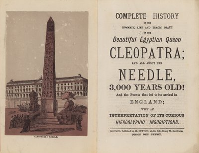 Frontespizio e pagina del titolo per Storia completa della vita romantica e della tragica morte della bella regina egiziana Cleopatra da English School