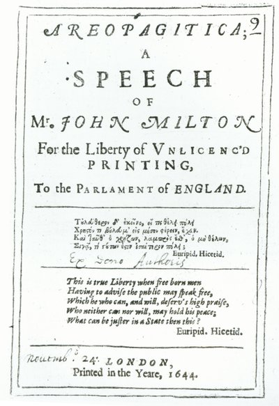 Frontespizio di Areopagitica, un discorso di John Milton pubblicato nel 1644 da English School