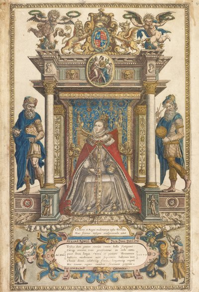 Frontespizio di Atlante dei Paesi di Inghilterra e Galles di Christopher Saxon, Londra 1579 da English School