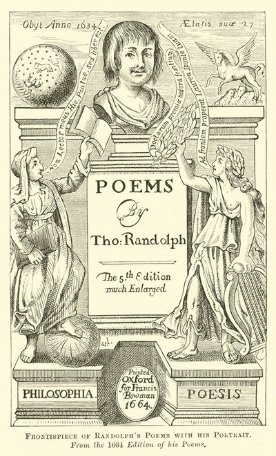 Frontespizio delle Poesie di Randolph con il suo Ritratto da English School