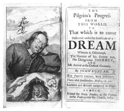 Frontespizio di Il progresso del pellegrino di John Bunyan (1628-88) pub. nel 1680 da English School