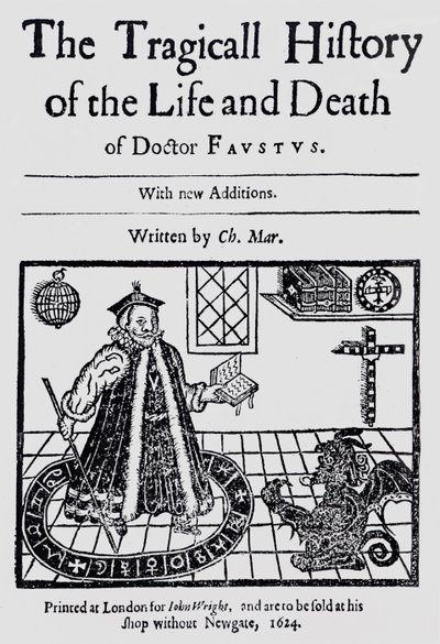 Frontespizio di La tragica storia della vita e della morte del dottor Faustus, di Christopher Marklin, c.1616 da English School