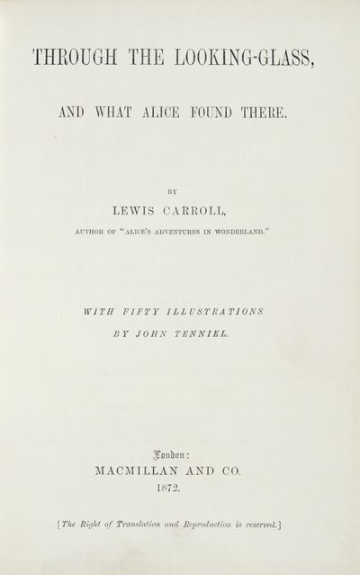 Frontespizio di Alice attraverso lo specchio di Lewis Carroll (1833-98), pubblicato da Macmillan, 1872 da English School