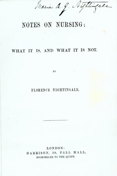 Frontespizio di Notes on Nursing: What it is, and What it is not di Florence Nightingale, pubblicato nel 1860 da English School