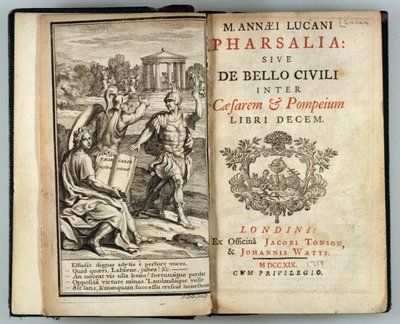 Frontespizio di Pharsalia o La Guerra Civile tra Cesare e Pompeo di Marco Anneo Lucano inciso da J. Cole, 1719 da English School