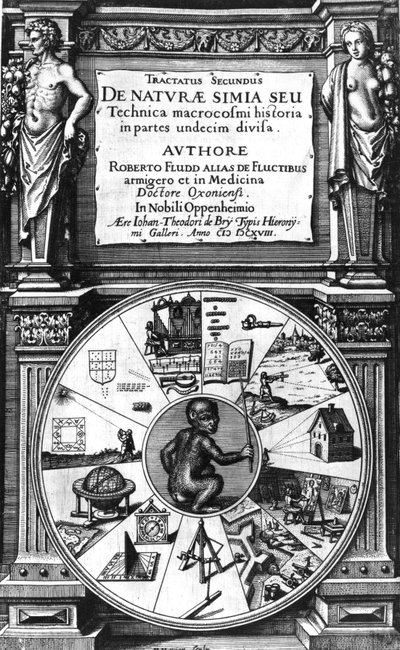 Frontespizio di Utriusque Cosmi Historia di Robert Fludd, Tractatus Secundus de Naturae Simia Sue Tecnica Macrocosmi, Francoforte, 1624 da English School