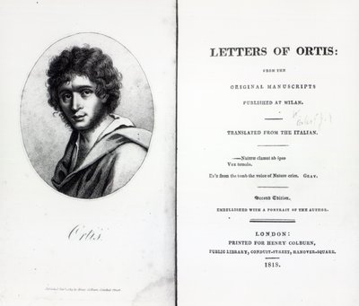 Frontespizio a Le lettere di Ortis di Niccolò Ugo Foscolo, edizione pubblicata nel 1818 da English School