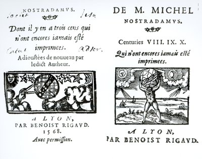 Frontespizio a Le profezie di M. Michel Nostradamus, pub. da Benoist Rigaud, 1568 da English School