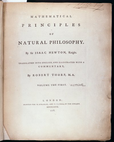 Frontespizio del Volume I dei Principi Matematici della Filosofia Naturale di Sir Isaac Newton da English School