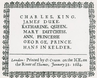 Frost Fair sul Tamigi, Souvenir stampato per Re Carlo II e la famiglia, 1684 da English School