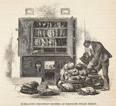 Disinfezione dei vestiti dei prigionieri alla prigione di Coldbath Fields, illustrazione da Le Prigioni Criminali di Londra e Scene dalla Vita Carceraria di Henry Mayhew e John Binny, pub. 1862 da English School