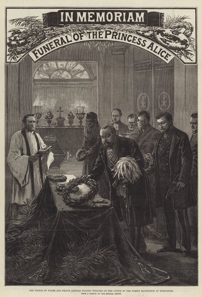 Funerale della Principessa Alice, il Principe di Galles e il Principe Leopoldo depongono Corone sulla Bara nel Mausoleo di Famiglia a Rosenhohe da English School