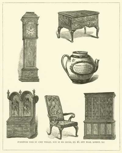 Mobili usati da John Wesley, ora nella sua casa, n. 47, City Road, Londra, CE (incisione) da English School