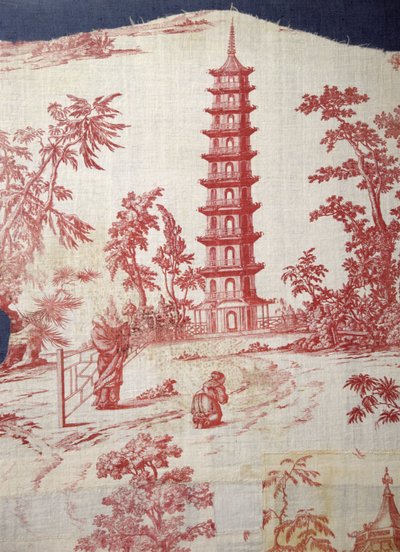 Scena di giardino con un design di pagoda di William Chambers (1723-96) (stampa su lino e cotone) da English School