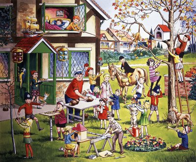 Scena di giardino con bambini (con oggetti nascosti) da English School