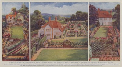 Schemi di giardino, schizzi che mostrano tre gradevoli layout per diversi aspetti e tipi di giardini per case di periferia e di campagna (litografia a colori) da English School