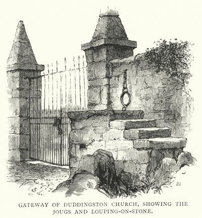 Portale della Chiesa di Duddingston, con Jougs e Louping-on-Stone da English School
