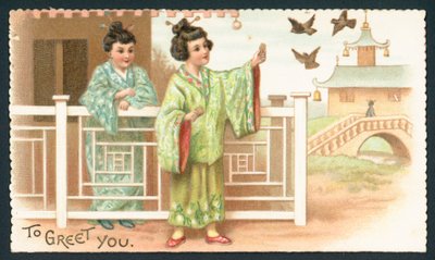 Ragazze geisha che danno da mangiare agli uccelli da English School
