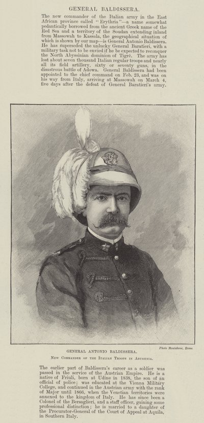 Generale Antonio Baldissera, nuovo comandante delle truppe italiane in Abissinia (incisione) da English School