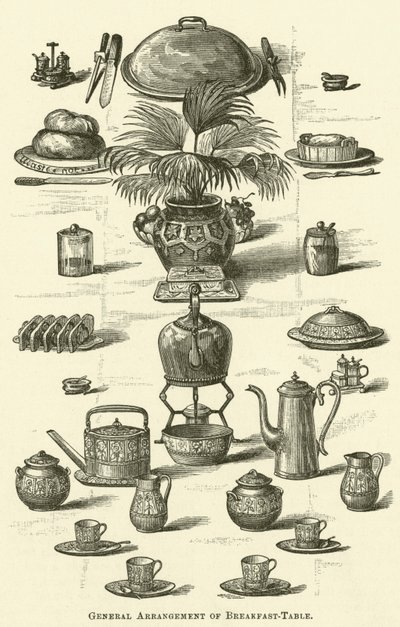 Disposizione generale del tavolo della colazione (incisione) da English School