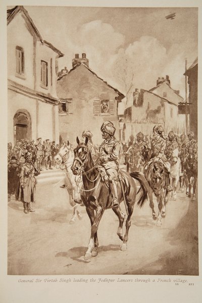 Generale Sir Pertab Singh che guida i Lancieri di Jodhpur attraverso un villaggio francese, 1914-19 da English School