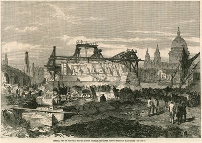 Veduta generale dei lavori per il ponte ferroviario di Londra, Chatham e Dover a Blackfriars, Londra da English School
