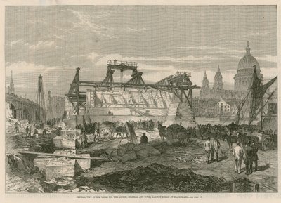 Vista generale dei lavori per il ponte ferroviario London, Chatham e Dover a Blackfriars da English School