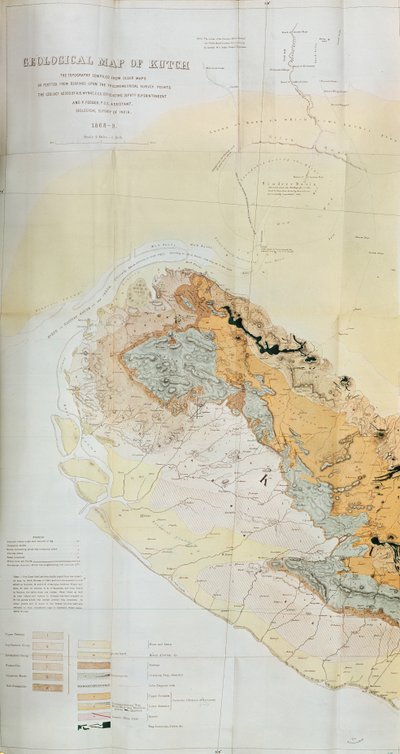 Mappa geologica della regione di Kutch in India, Geological Survey of India 1868-69 da English School