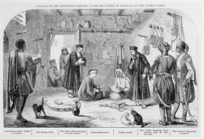 George Curzon ispeziona i libri nella biblioteca abissina del monastero di Souriani, da Visite ai monasteri nel Levante, pubblicato nel 1849 da English School