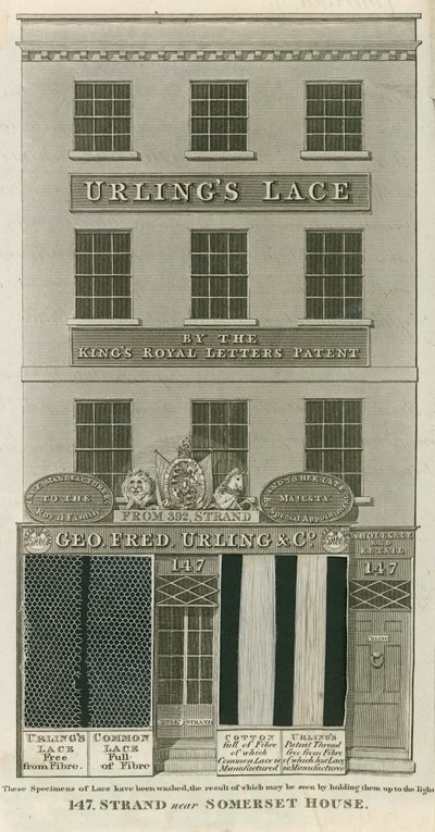 George Frederick Urling & Co, venditori di merletti, 147 Strand, vicino a Somerset House, Londra da English School