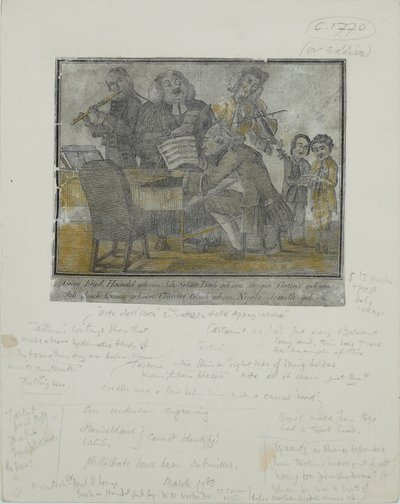 Georg Friedrich Händel, Johann Sebastian Bach, Giuseppe Tartini, Johann Joachim Quantz, Christoph Gluck, Niccolò Jommelli, c.1750 (incisione colorata a mano) da English School