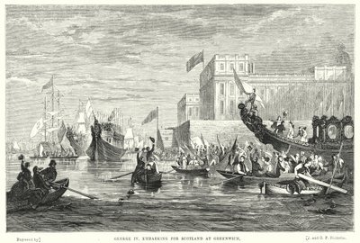 Giorgio IV che si imbarca per la Scozia a Greenwich (incisione) da English School