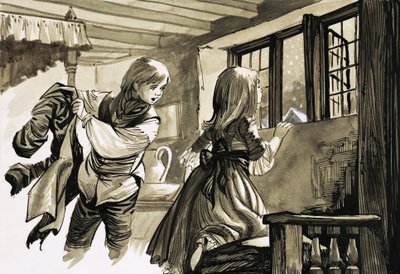 Ragazza e ragazzo che guardano fuori nella neve da English School